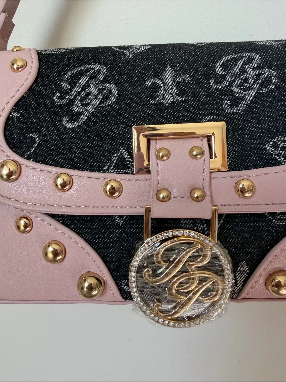 Baby Phat Pink and Black denim monogram Studded Shoulder Bag